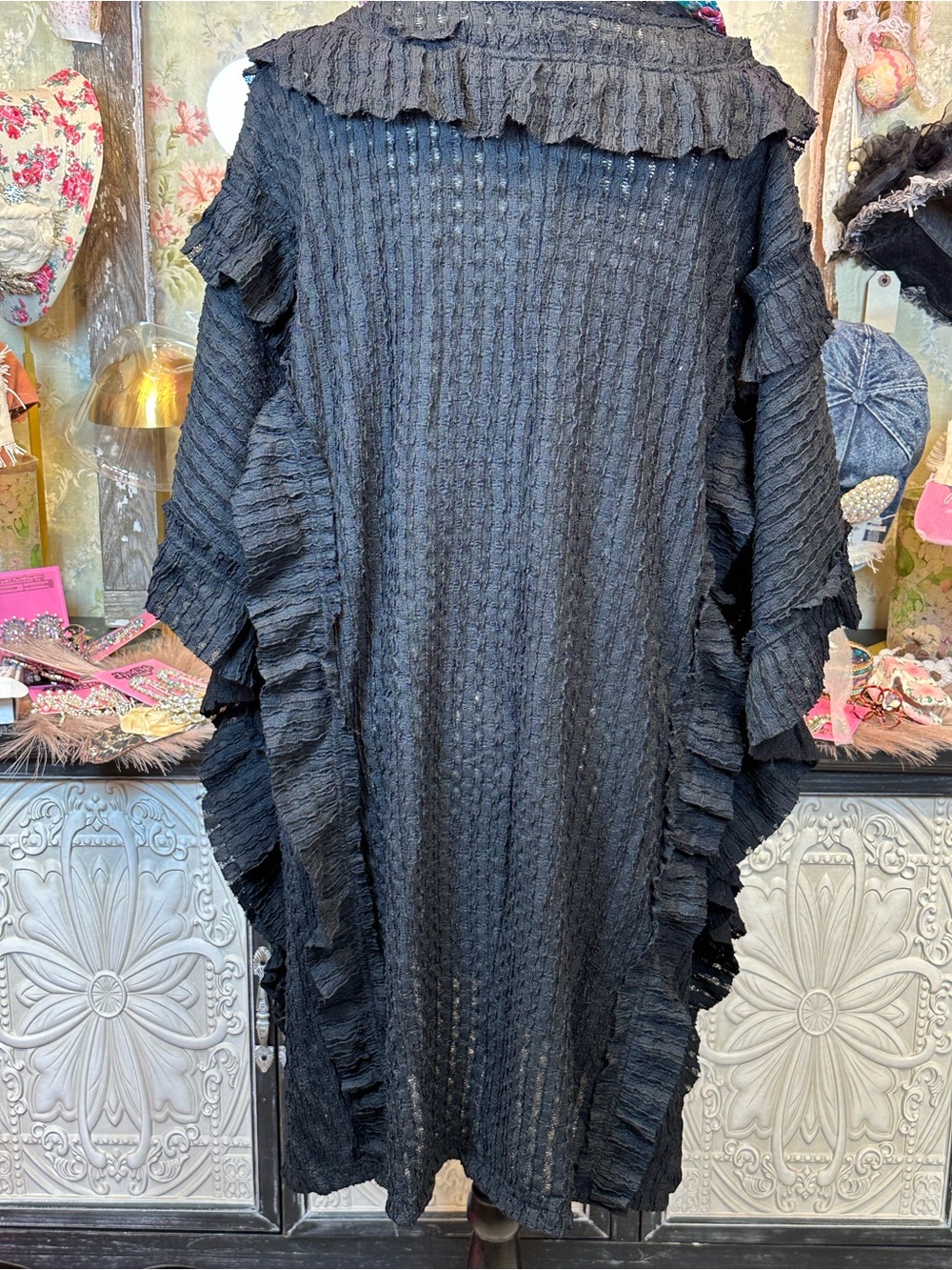 Blue Velvet Ruffle Poncho Top-Black - Picture 6 of 10